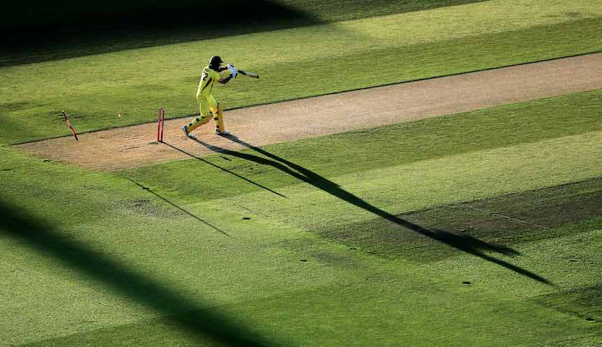 Australia’s Glenn Maxwell is bowled by England’s Chris Jordan